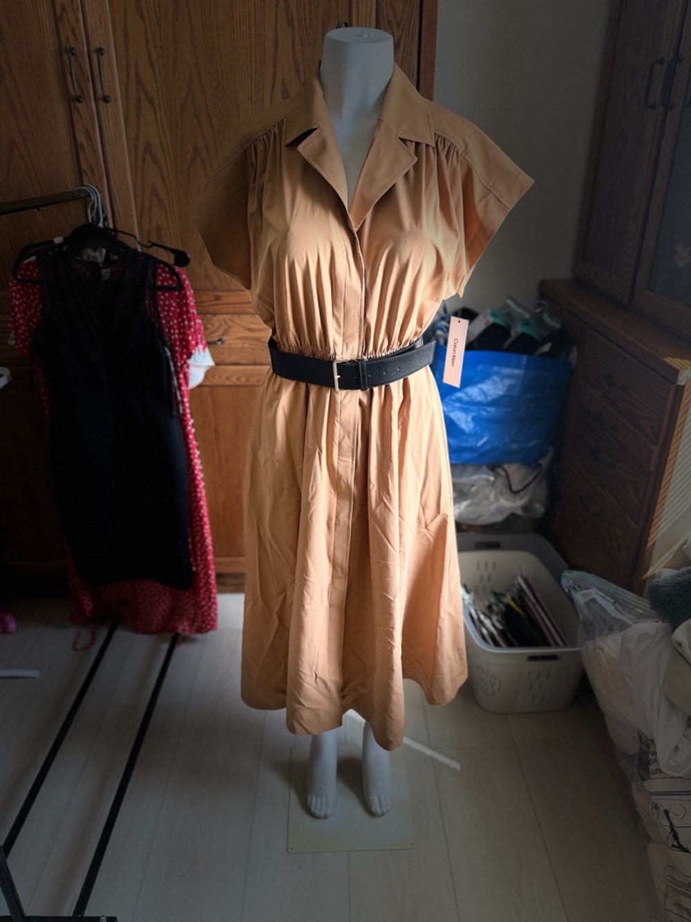 Calvin Klein Camel Midi Shirtdress with Black Belt